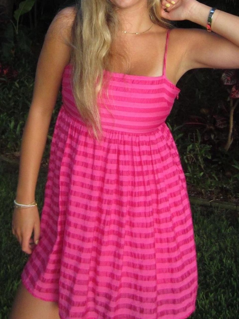 Pink striped mini dress with varying shades of pink